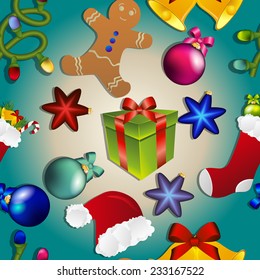 New year pattern with Christmas toys. Gift, hat Santa and the gingerbread man. Bell with bow and sock with gifts