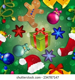 New year pattern with Christmas toys. Gift, hat Santa and the gingerbread man. Bell with bow and sock with gifts. Sparkles and bokeh. Shiny and glowing