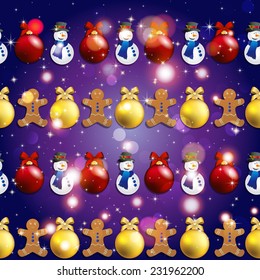 New year pattern with Christmas tree toys, gingerbread man and snowman. Sparkles and bokeh. Shiny and glowing