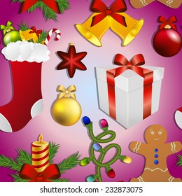 New year pattern Christmas tree toys. Socks with gift, candle, bell and the gingerbread man. Sparkles and bokeh. Shiny and glowing