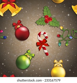 New Year pattern with Christmas tree toy, mistletoe and candy.  Sparkles and bokeh. Shiny and glowing
