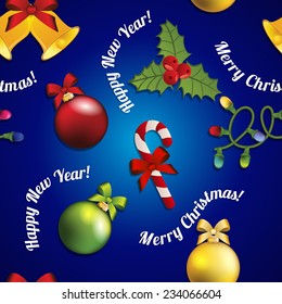 New Year pattern with Christmas tree toy, mistletoe and candy. Congratulations with Christmas. 