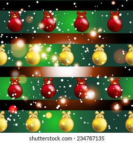 New year pattern with Christmas tree toys. Sparkles and bokeh. Shiny and glowing
