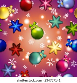 New year pattern with Christmas tree toys. Ball and star. Sparkles and bokeh. Shiny and glowing.  