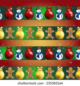 New year pattern with Christmas tree toys, gingerbread man and snowman. Sparkles and bokeh. Shiny and glowing