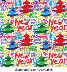 New year pattern with Christmas trees and colorful drops