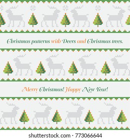 New Year Pattern.  Christmas trees, deer and snowflakes. Merry Christmas, Happy New Year illustration. Christmas webbing. Trees like cross-stitch. Scheme for needlework.