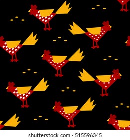 New Year pattern with colorful roosters and grain rice. Flat design. Vector background