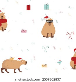 New Year pattern. Cute capybaras in New Year's hats. Christmas texture .