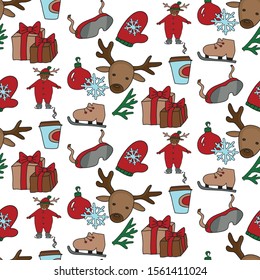 New year pattern. Deer, ski boots, coffee, mittens, pine branch, mask, gifts, ball toy, snowflake on a white background. Hand drawn