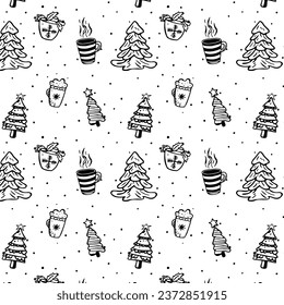 New Year pattern doodle illustration of cozy cups with tea and hot chocolate and Christmas trees. Christmas seamless background of doodle trees and hot drinks.