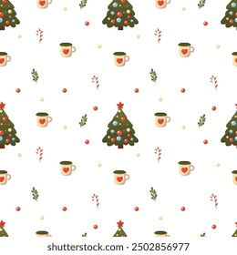 New year pattern featuring Christmas trees, mugs, and decorations on a white background