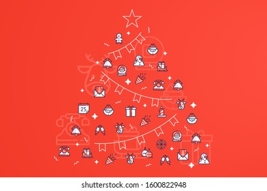 New year pattern with festive christmas icons vector illustration. Santa hat reindeer candles gingerbread firework and champagne glasses flat style. Holiday concept