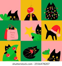 New Year pattern with funny black cat and New Year tree