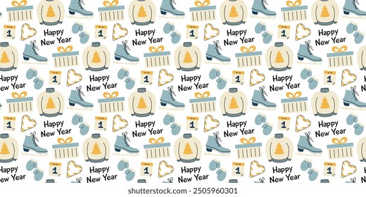 New Year pattern, gift, calendar number one. Seamless winter print - candy cane heart. Warm clothes, sweater, mittens. Winter joy, fun. Flat style with stroke. Blue, yellow color. Vector illustration