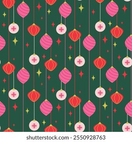 New Year pattern gift wrap design. Christmas baubles decor ornaments green and pink background.