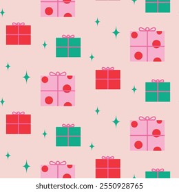 New Year pattern gift wrap design. Christmas gift boxes decor ornaments green and pink on beige light background.