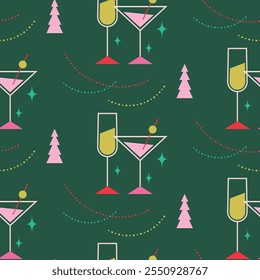 New Year pattern gift wrap design. Christmas champagne glasses and trees garland decor ornaments green and pink background.