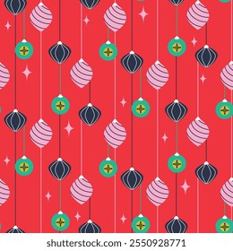 New Year pattern gift wrap design. Christmas baubles decor ornaments green on red pink background.