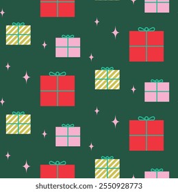 New Year pattern gift wrap design. Christmas pink red gift boxes decor ornaments green background.