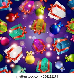New year pattern with Gifts and Christmas tree toys. Sparkles and bokeh. Shiny and glowing