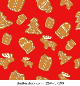 New year pattern gingerbread, deer, tree, toys, seamless