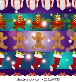 New year pattern with gingerbread man gift, Christmas candle and socks for gifts. Christmas texture fill. Sparkles and bokeh. Shiny and glowing