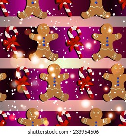 New year pattern with the gingerbread man and candy striped. . Sparkles and bokeh. Shiny and glowing