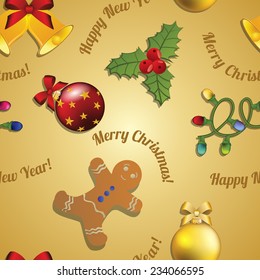 New year pattern gingerbread man, mistletoe, garland and Christmas tree toy ball. Congratulations with Christmas. 