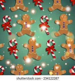 New year pattern with the gingerbread man and candy striped. . Sparkles and bokeh. Shiny and glowing