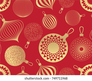 New Year pattern. golden christmas balls on red background. Seamless ornament for decor, wallpaper, gift paper and design of New Year's souvenirs