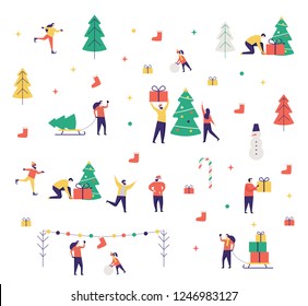 New Year pattern with happy people, Christmas tree, sweet cane, funny man, decorative toys vector illustration.