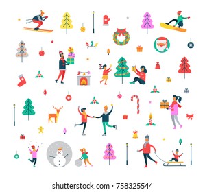 New Year pattern of happy people, Christmas tree, sweet cane, funny snowman, Polar deer, decorative toys and Santa Claus vector illustration.