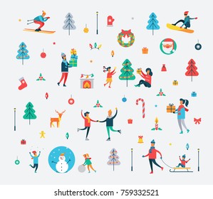 New Year pattern of happy people, Christmas tree, sweet cane, funny snowman, Polar deer, decorative toys and Santa Claus vector illustration.