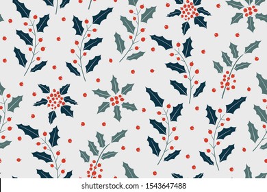 New year pattern With Holly Berry. Vector Background. Christmas seamless pattern for greeting cards, wrapping papers. Hand drawn illustration.