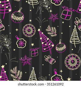 New Year pattern, magenta color, Christmas toys, gifts, coniferous tree.