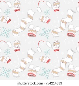 New Year pattern of mittens, hats, scarf and snowflakes