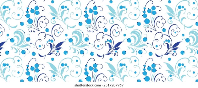 New Year pattern in the Old Russian style. Traditional, folk motif. Vector background with winter twigs, berries, flowers, leaves. For cards, fabric, textiles, advertising, clothing, packaging.