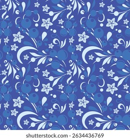 New Year pattern in the Old Russian style. Traditional, folk motif. Vector background with winter twigs, berries, flowers, leaves. For cards, fabric, textiles, advertising, clothing, packaging.