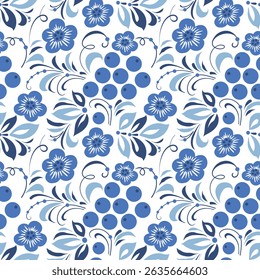 New Year pattern in the Old Russian style. Traditional, folk motif. Vector background with winter twigs, berries, flowers, leaves. For cards, fabric, textiles, advertising, clothing, packaging.