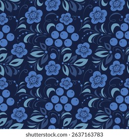 New Year pattern in the Old Russian style. Traditional, folk motif. Vector background with winter twigs, berries, flowers, leaves. For cards, fabric, textiles, advertising, clothing, packaging.