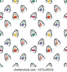 New Year pattern. Penguins with gifts. Vector illustration.