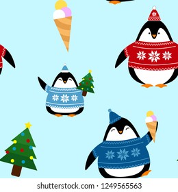 New year pattern with penguins, ice cream and 
Christmas tree. Penguins in a sweater and hat.