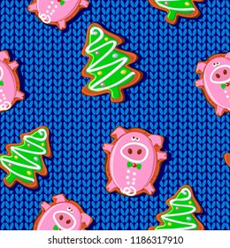New year pattern. Pig gingerbread. 2019. Vector
