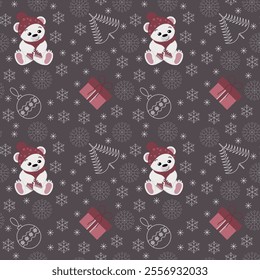 New Year pattern with a polar bear, a gift, a New Year's toy and snowflakes