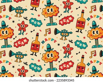 Neues Jahr Muster mit Illustrationen im Retro-Stil