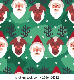 New Year pattern, Pattern Santa Claus and Deer on a green background with snowflakes, Happy New Year and Merry Christmas.