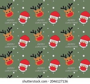New Year pattern, Santa Claus in mask, red background, snow, for fabric background and paper