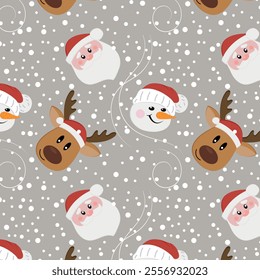 New Year pattern with Santa Claus, Santa's reindeer and snowman