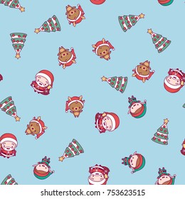 New Year pattern. Santa Claus, Christmas tree, deer on a blue background